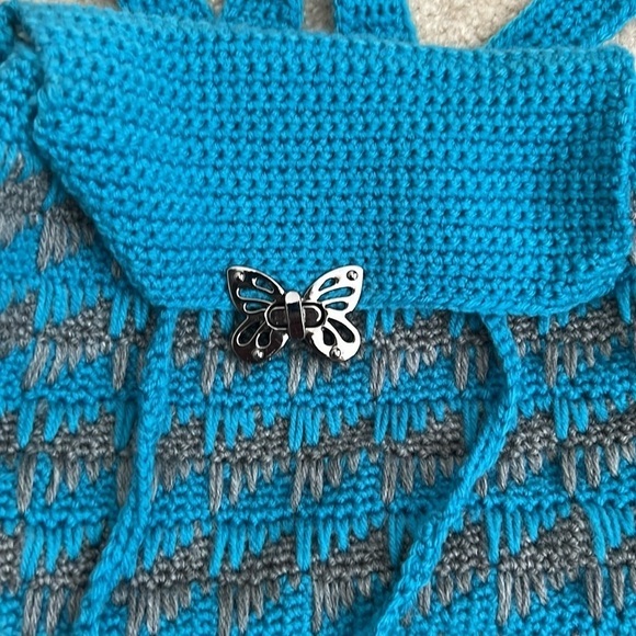 Crochet Backpack  Blue Gray Handmade Butterfly Accent Drawstring Bag Vintage‎ - Picture 2 of 8
